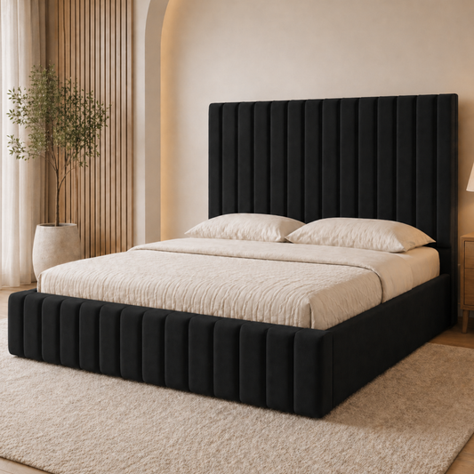 Astra Plush Velvet Upholstered Bed | Luxury 48" Panelled Headboard | Modern Bed Frame & Mattress