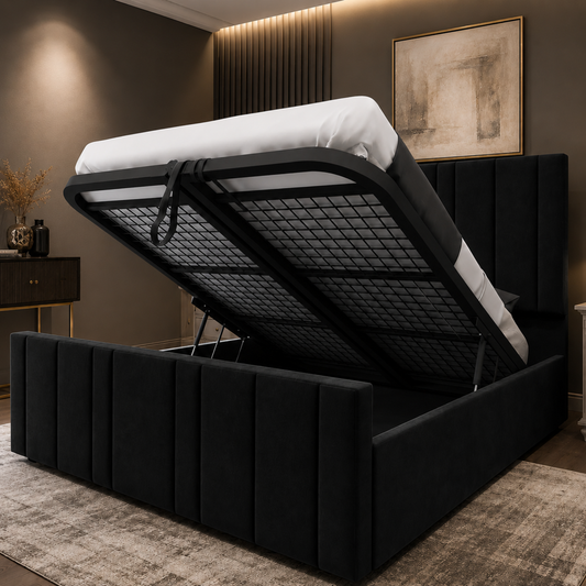 Ottoman Bed - Ottoman Bed with Gas Lift Up - Plush Velvet Upholstered Panelled Ottoman Bed with Storage, Luxury 48” Headboard Storage Bed