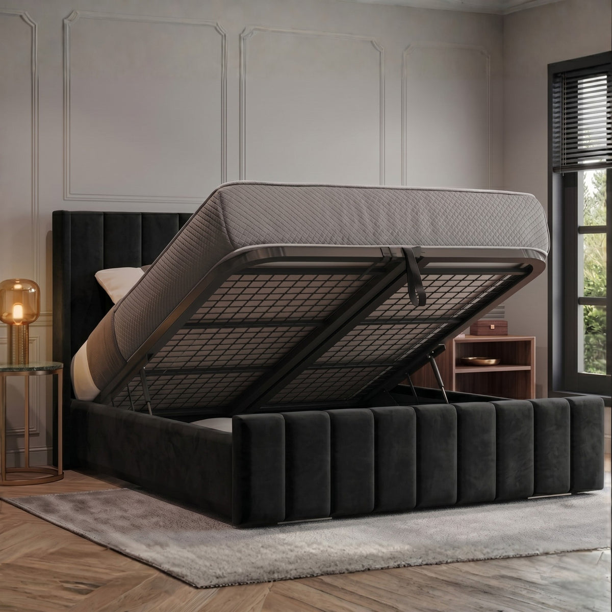 Vienna Plush Velvet Upholstered Ottoman Bed | 48" Winged Panelled Headboard | Lift-Up Storage Bed & Mattress