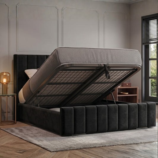 Vienna Plush Velvet Upholstered Ottoman Bed | 48" Winged Panelled Headboard | Lift-Up Storage Bed & Mattress