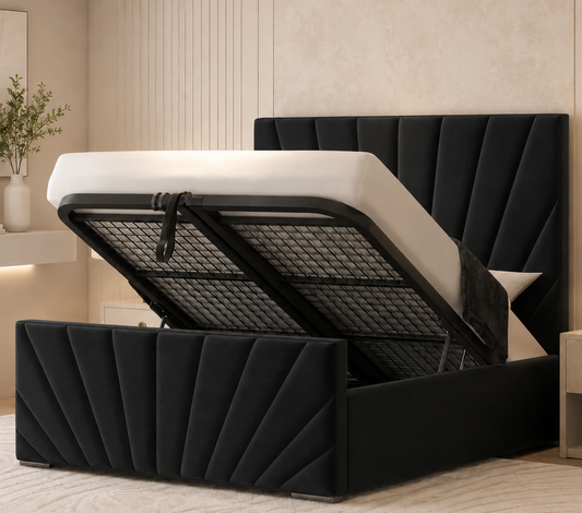 Ottoman Bed - Ottoman Bed with Gas Lift Up - Plush Velvet Upholstered Panelled Ottoman Bed with Storage, Luxury 48” Headboard Storage Beds