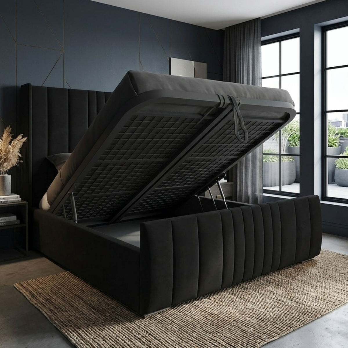 Manhattan Plush Velvet Upholstered Ottoman Bed | 48" Winged Panelled Headboard | Lift-Up Storage