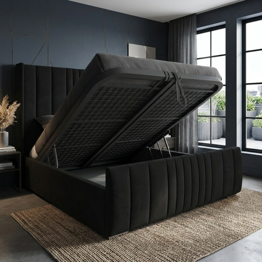 Manhattan Plush Velvet Upholstered Ottoman Bed | 48" Winged Panelled Headboard | Lift-Up Storage