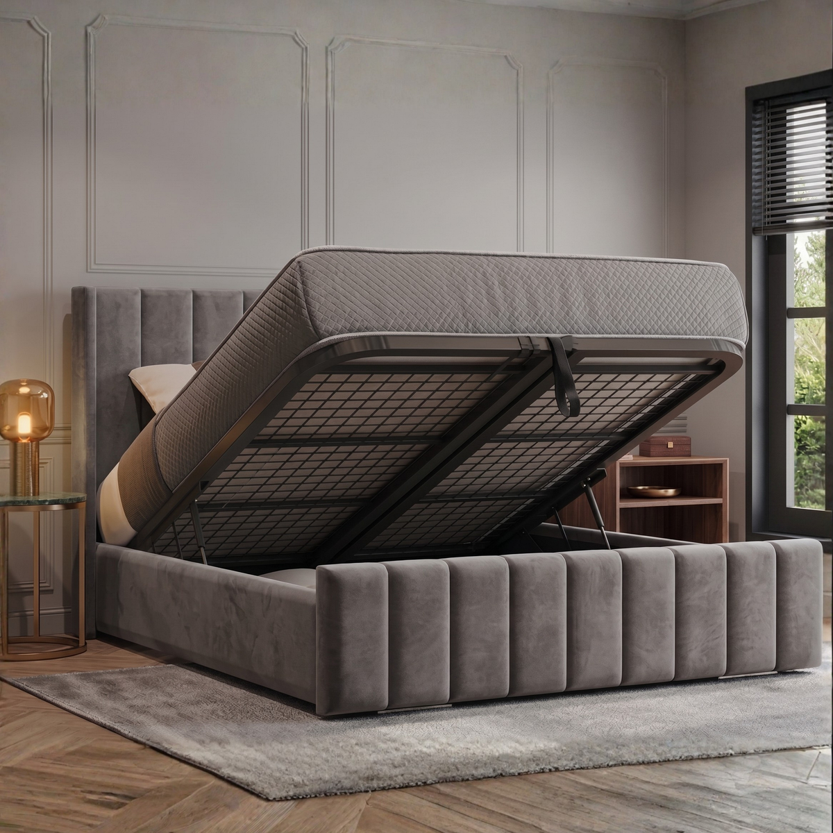 Vienna Plush Velvet Upholstered Ottoman Bed | 48" Winged Panelled Headboard | Lift-Up Storage Bed & Mattress