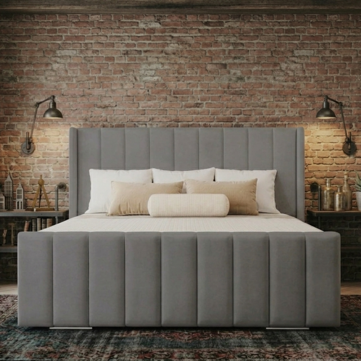 Vienna Plush Velvet Upholstered Bed | 48" Luxury Panelled Headboard | Bed Frame & Mattress Set