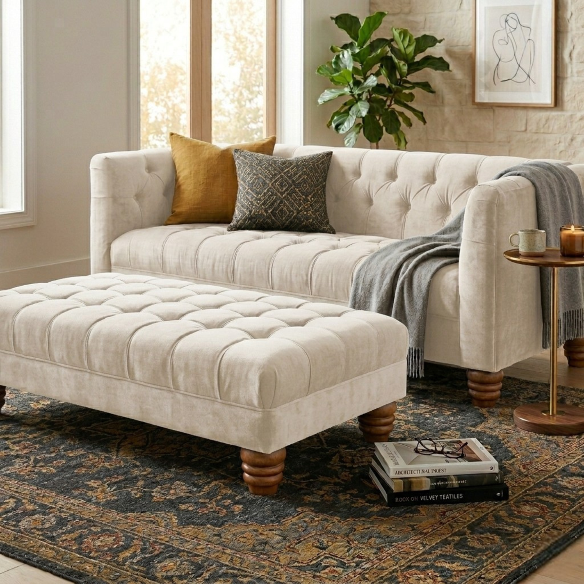 Foot Stool - Chesterfield Deep Cushioned Naples Footstool - Extra Large Ottoman Footstools for Living Room, Ottoman, Coffee Table, Bedroom Furniture