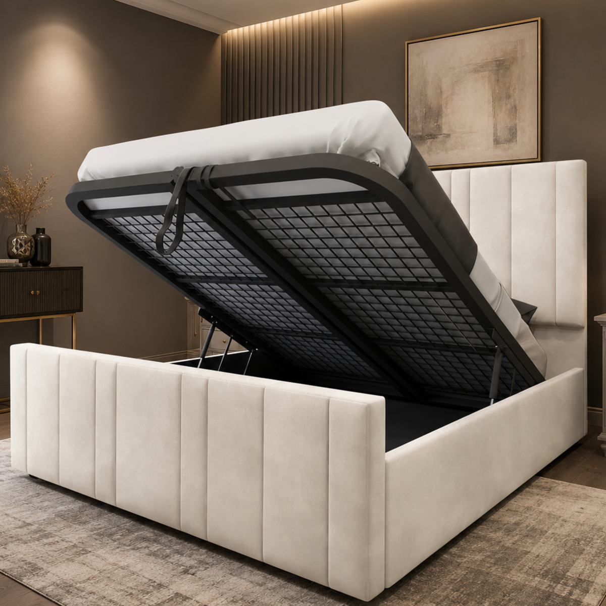 Ottoman Bed - Ottoman Bed with Gas Lift Up - Plush Velvet Upholstered Panelled Ottoman Bed with Storage, Luxury 48” Headboard Storage Bed