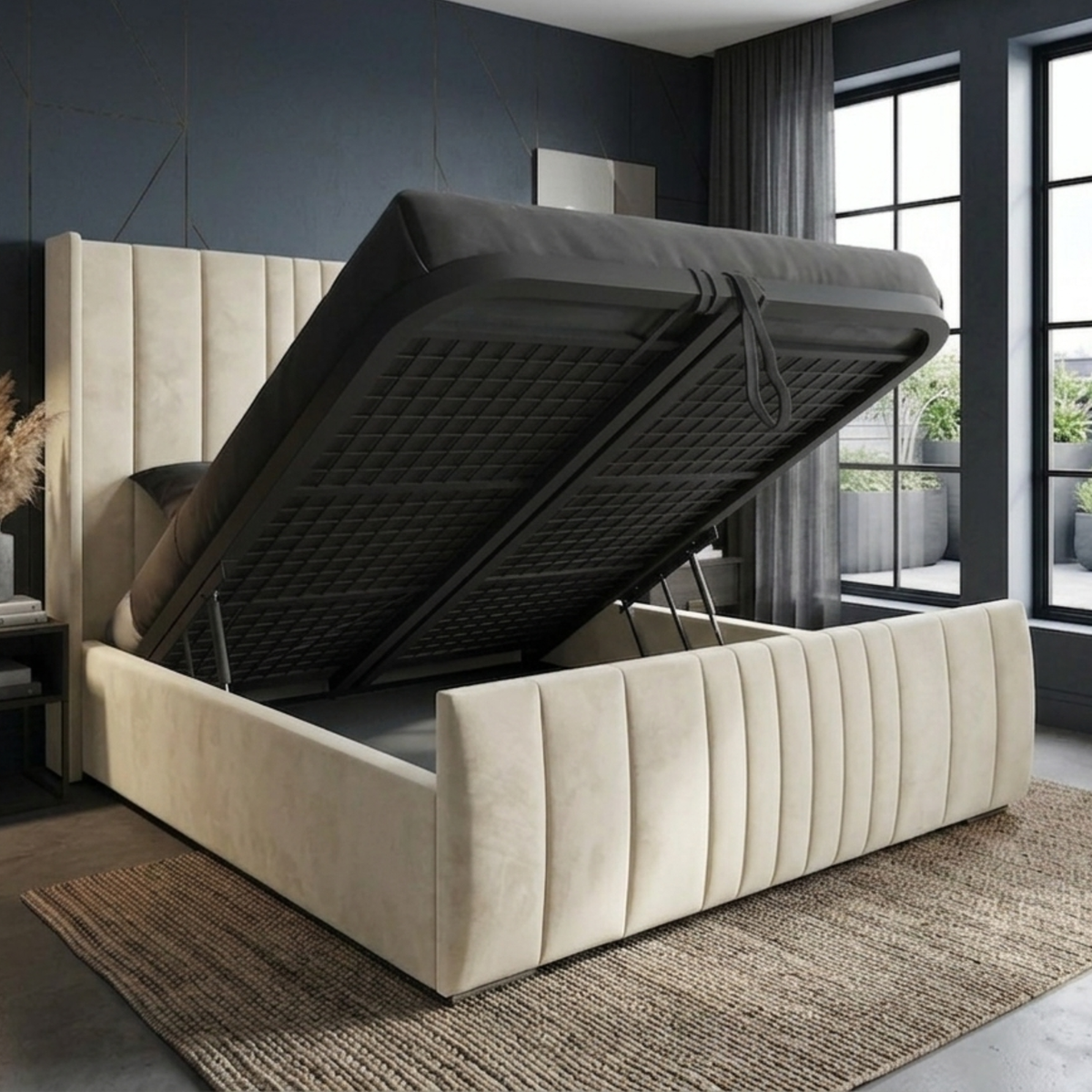 Manhattan Plush Velvet Upholstered Ottoman Bed | 48" Winged Panelled Headboard | Lift-Up Storage
