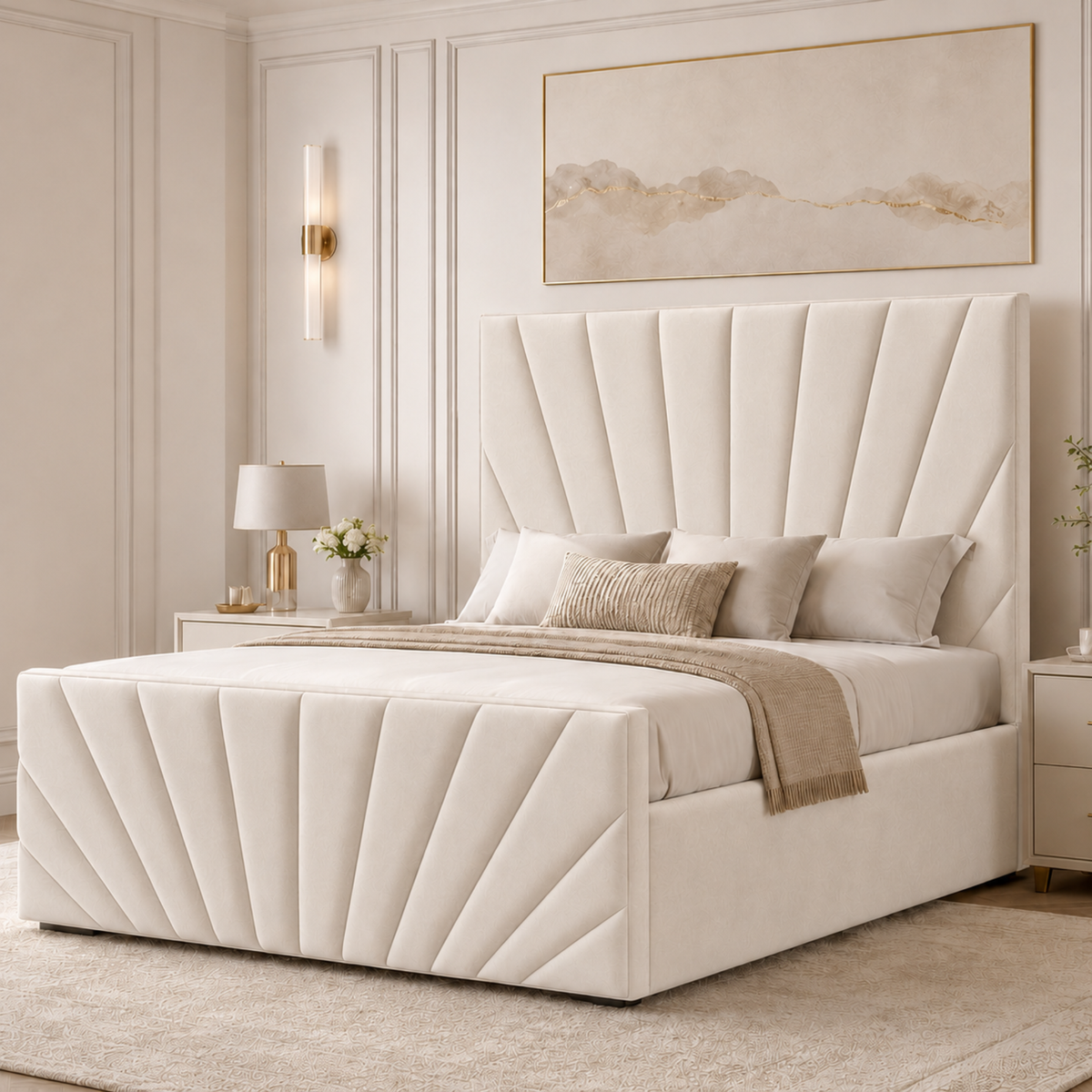 Sunrise Luxury Plush Velvet Ottoman Bed | 48" Panelled Headboard  | Bed & Mattress Set