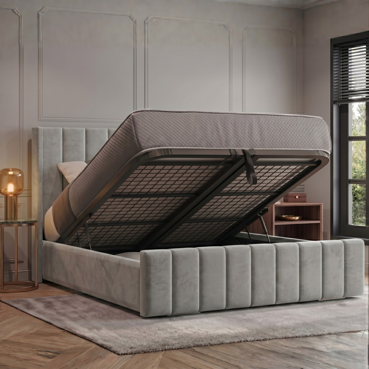 Vienna Plush Velvet Upholstered Ottoman Bed | 48" Winged Panelled Headboard | Lift-Up Storage Bed & Mattress