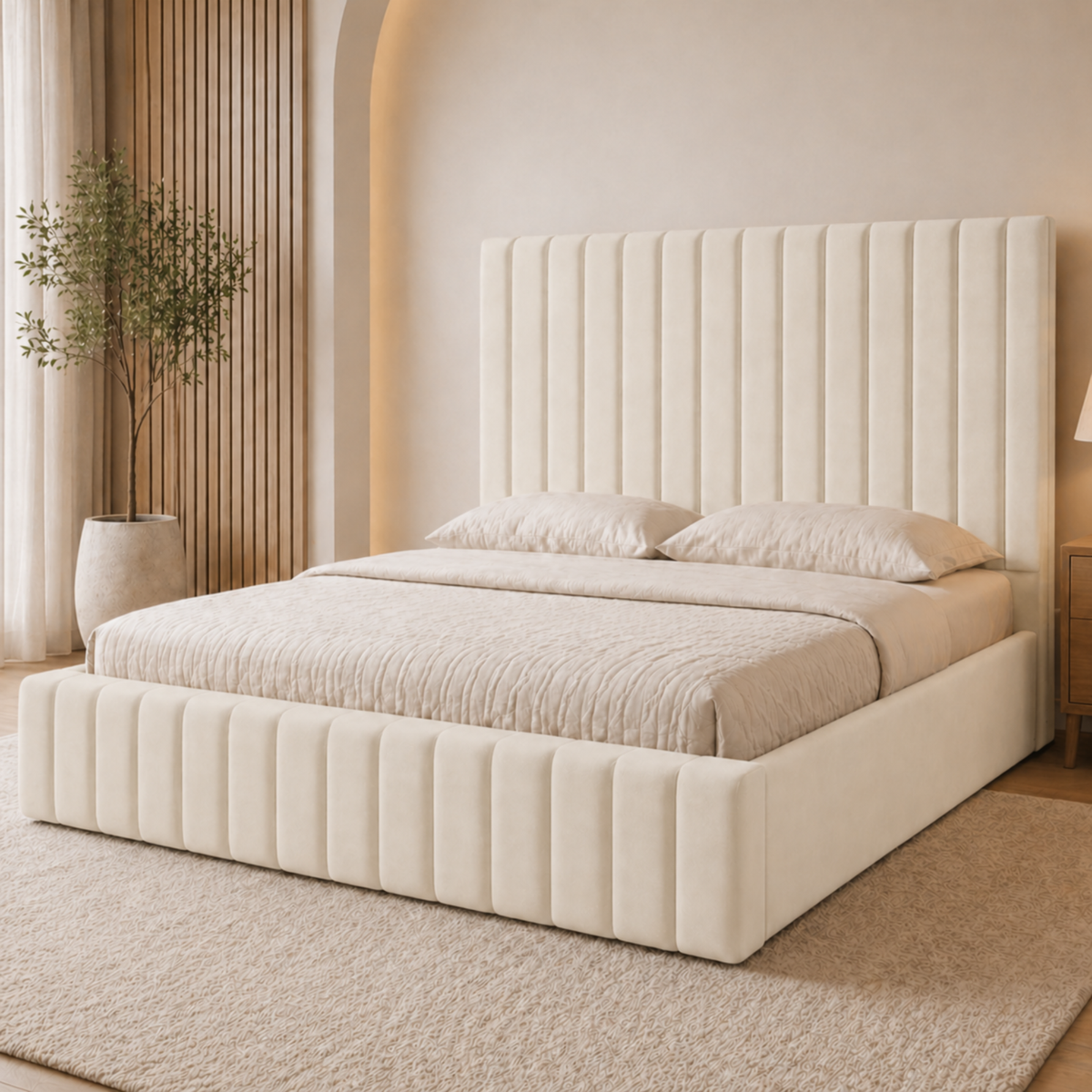 Astra Plush Velvet Upholstered Bed | Luxury 48" Panelled Headboard | Modern Bed Frame & Mattress