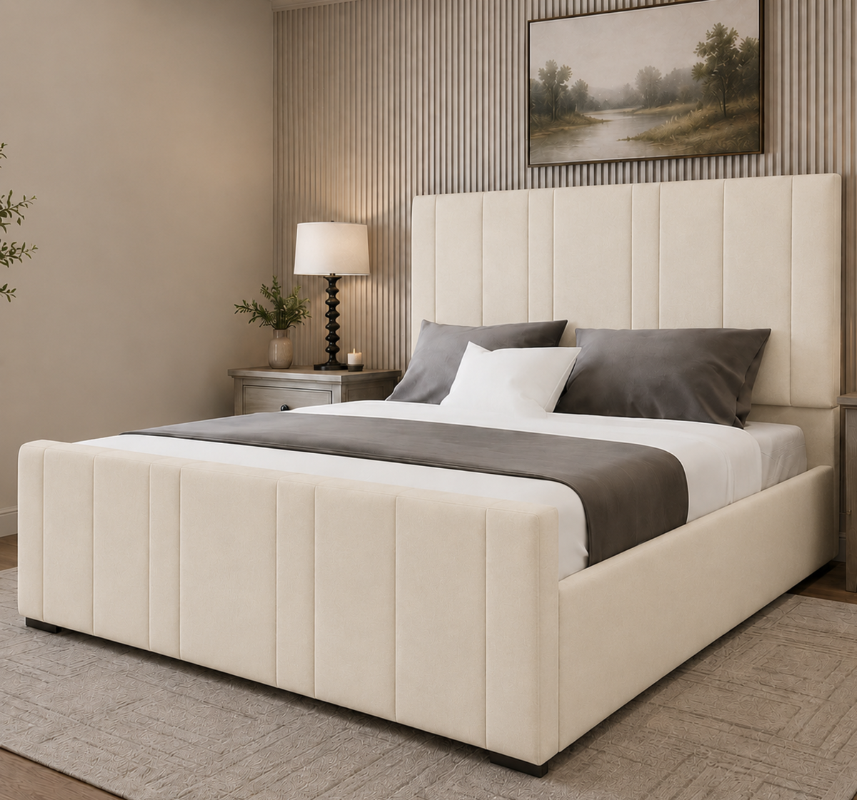 48" Panelled Headboard | Verona Plush Velvet Upholstered Ottoman Bed | Mattress Set