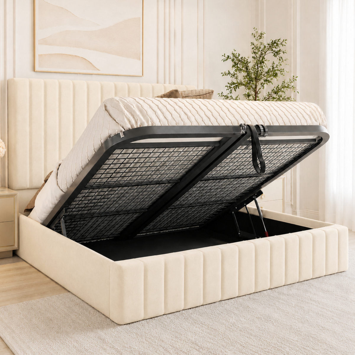 Ottoman Bed - Ottoman Bed with Gas Lift Up - Plush Velvet Upholstered Panelled Ottoman Bed with Storage, Luxury 48” Headboard Storage Beds