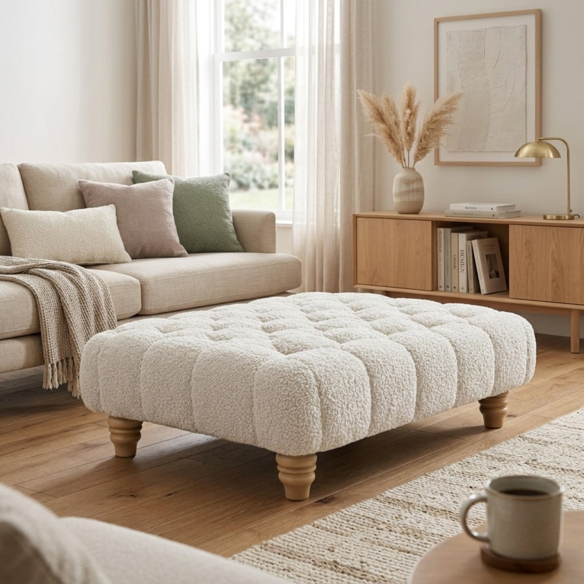 Chesterfield Foot Stool - Teddy Fabric Footstool Pouffe - Multifunctional Ottoman Rectangle Stool Boucle, Coffee Table for Living Room Bedroom Furniture