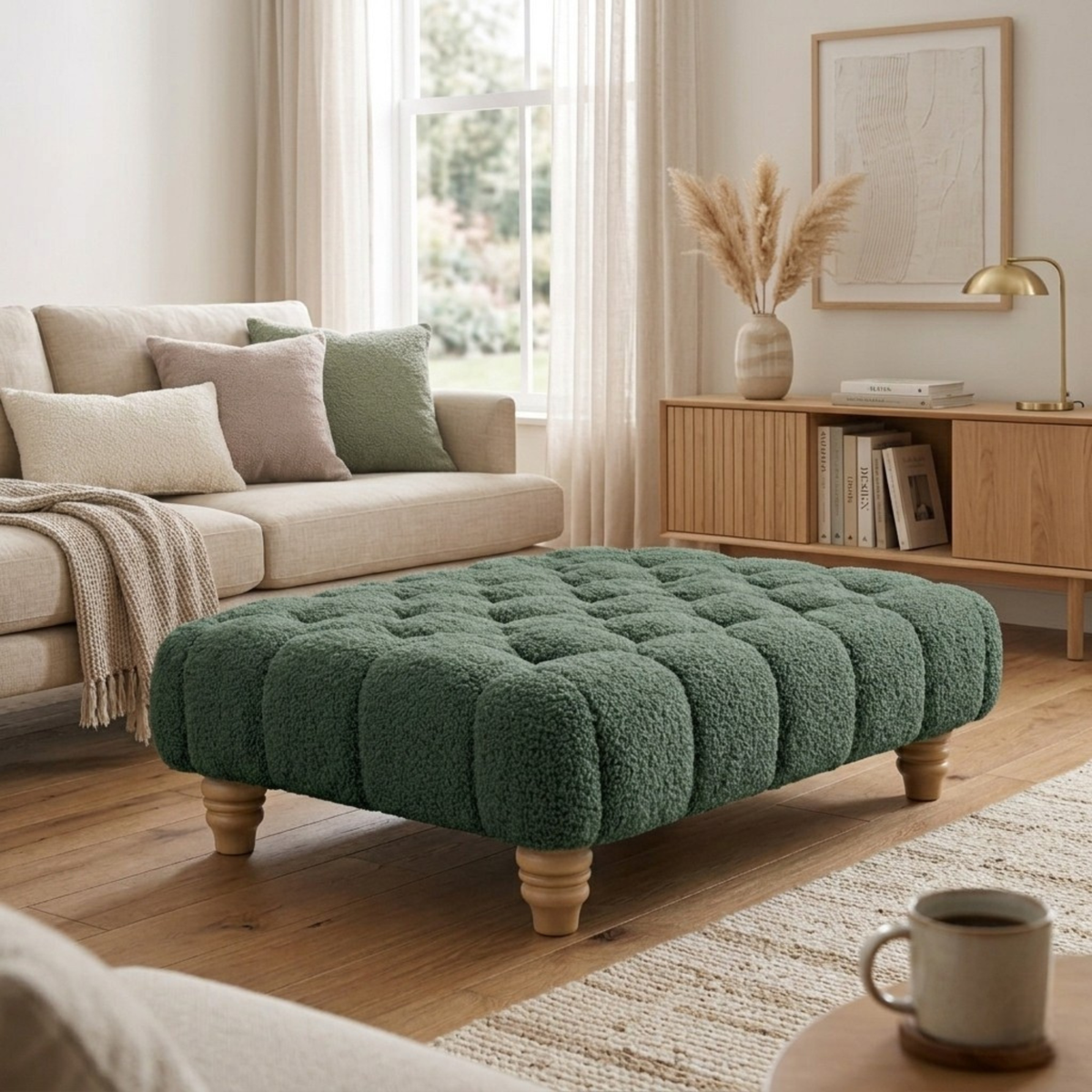 Chesterfield Foot Stool - Teddy Fabric Footstool Pouffe - Multifunctional Ottoman Rectangle Stool Boucle, Coffee Table for Living Room Bedroom Furniture