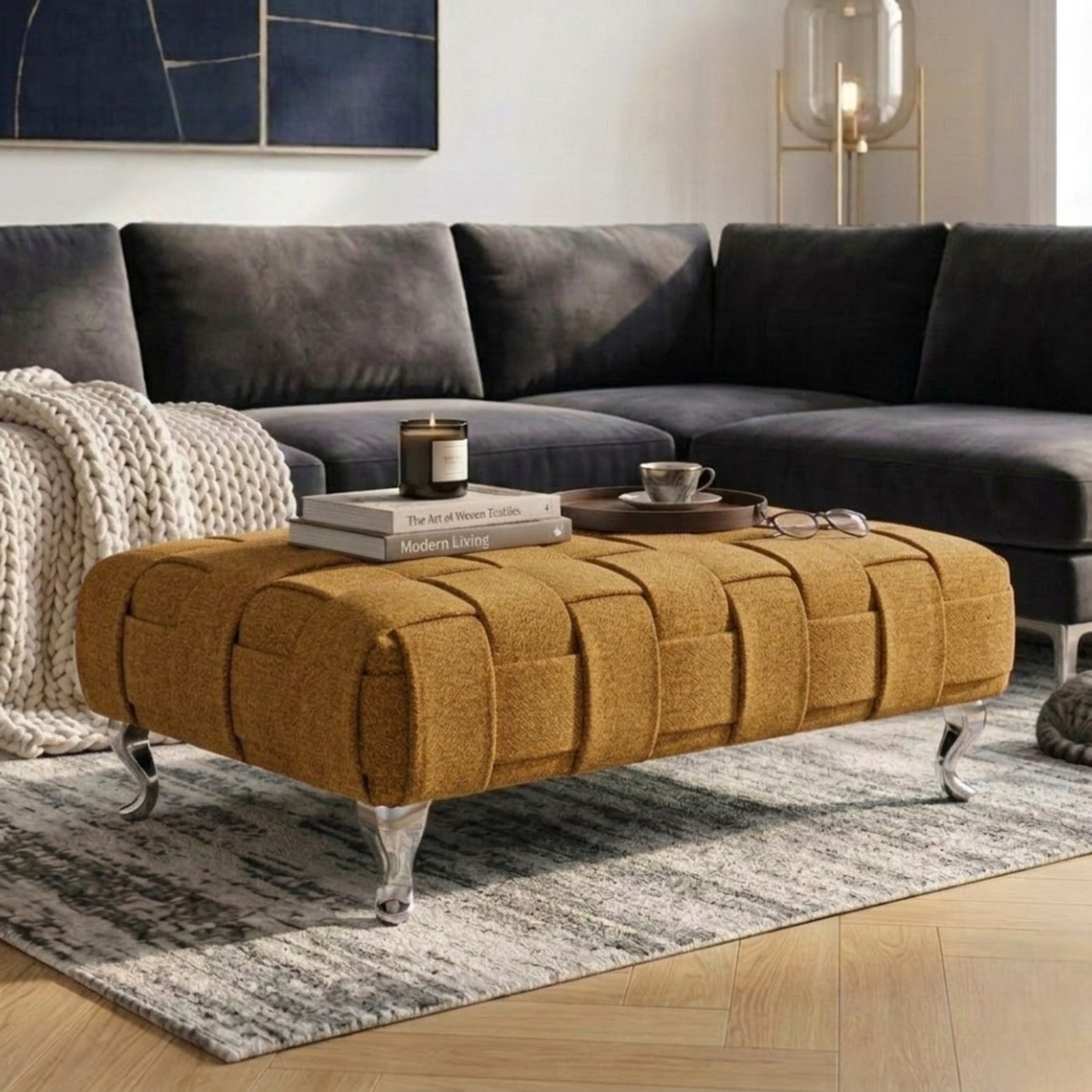 Braided Ottoman Footstool | Woven Dumfries Fabric Upholstered Footrest | Pouffe with Chrome Legs