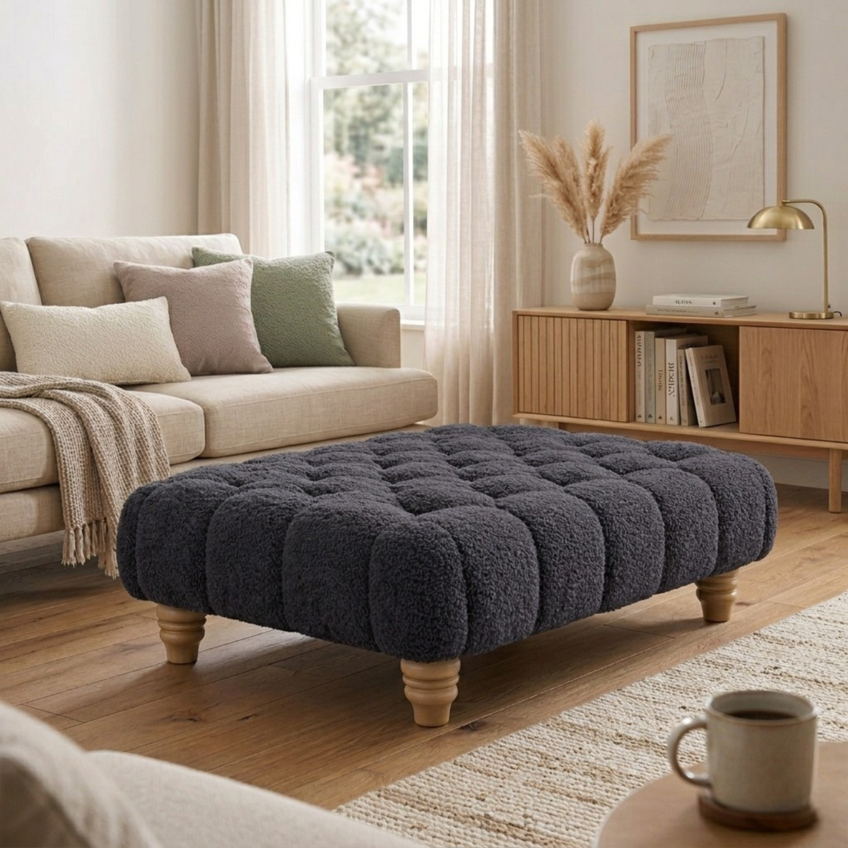 Chesterfield Foot Stool - Teddy Fabric Footstool Pouffe - Multifunctional Ottoman Rectangle Stool Boucle, Coffee Table for Living Room Bedroom Furniture