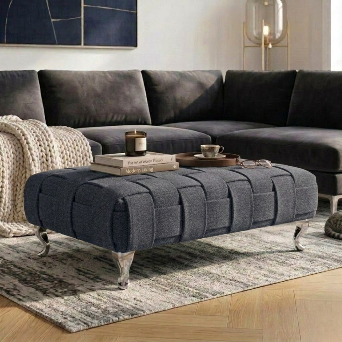 Braided Ottoman Footstool | Woven Dumfries Fabric Upholstered Footrest | Pouffe with Chrome Legs