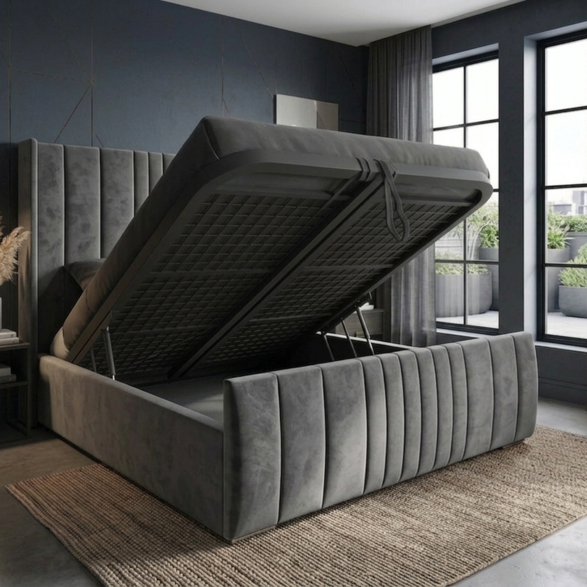 Manhattan Plush Velvet Upholstered Ottoman Bed | 48" Winged Panelled Headboard | Lift-Up Storage