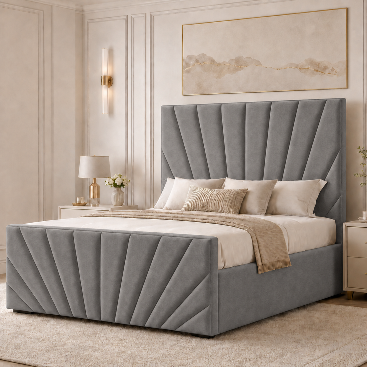 Sunrise Luxury Plush Velvet Ottoman Bed | 48" Panelled Headboard  | Bed & Mattress Set