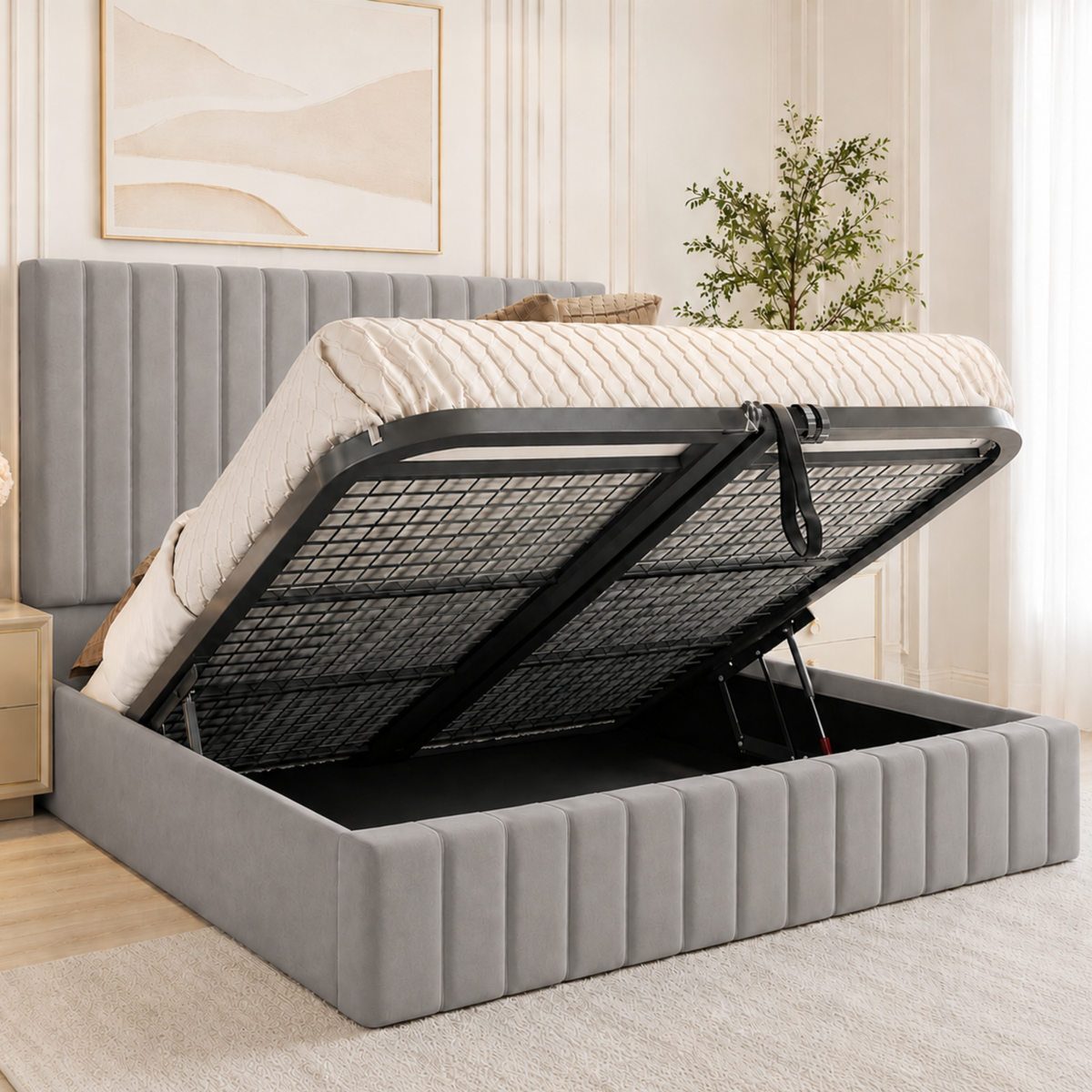Ottoman Bed - Ottoman Bed with Gas Lift Up - Plush Velvet Upholstered Panelled Ottoman Bed with Storage, Luxury 48” Headboard Storage Beds