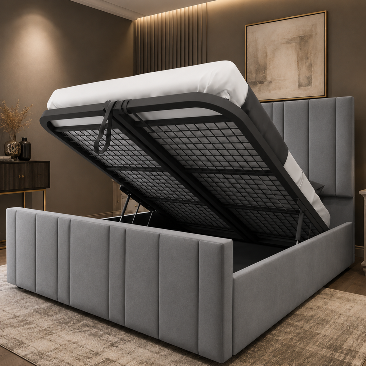 Ottoman Bed - Ottoman Bed with Gas Lift Up - Plush Velvet Upholstered Panelled Ottoman Bed with Storage, Luxury 48” Headboard Storage Bed