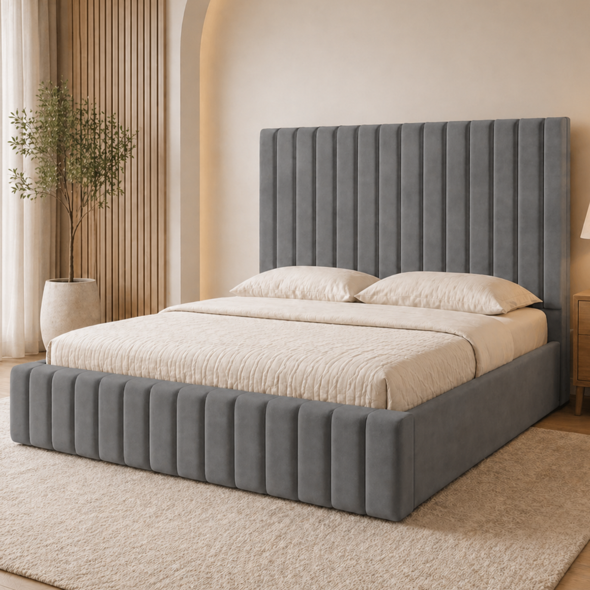 Astra Plush Velvet Upholstered Bed | Luxury 48" Panelled Headboard | Modern Bed Frame & Mattress