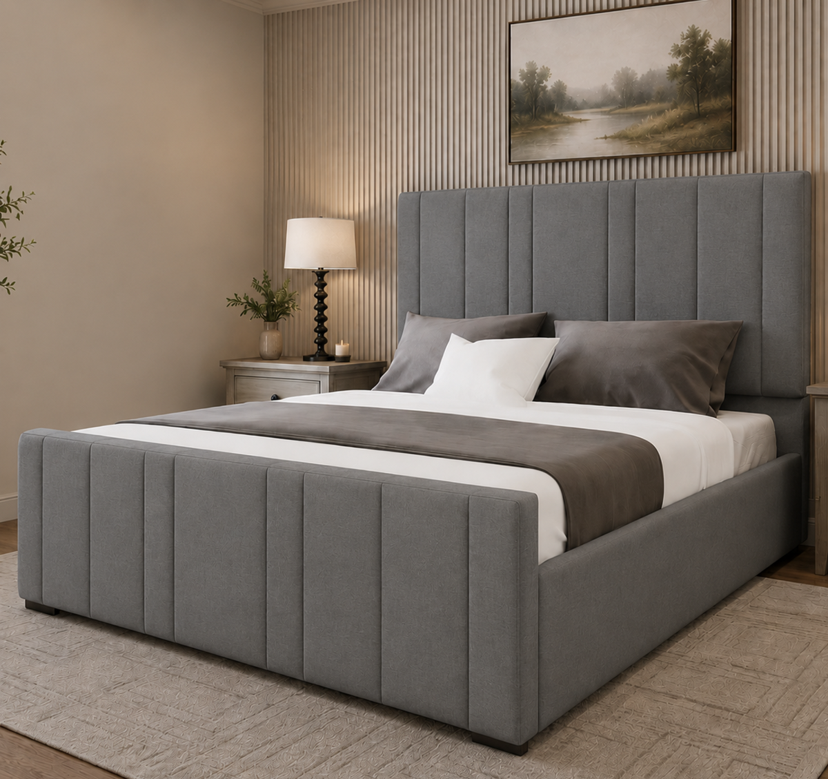 48" Panelled Headboard | Verona Plush Velvet Upholstered Ottoman Bed | Mattress Set