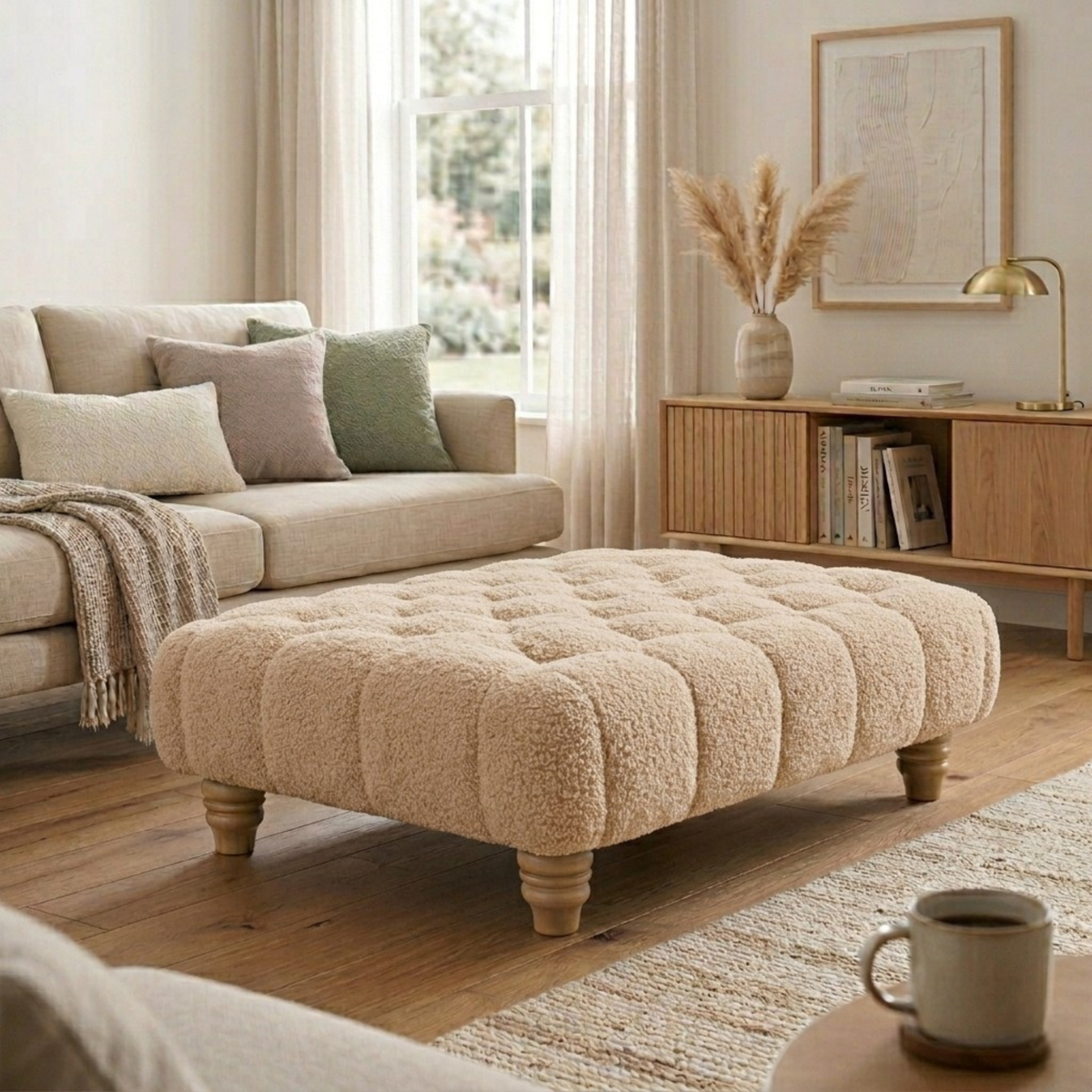 Chesterfield Foot Stool - Teddy Fabric Footstool Pouffe - Multifunctional Ottoman Rectangle Stool Boucle, Coffee Table for Living Room Bedroom Furniture