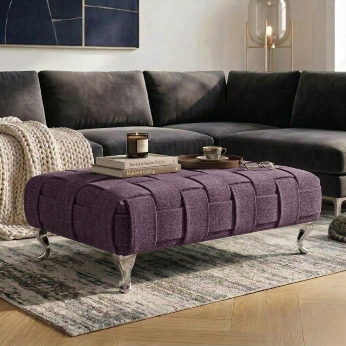 Braided Ottoman Footstool | Woven Dumfries Fabric Upholstered Footrest | Pouffe with Chrome Legs