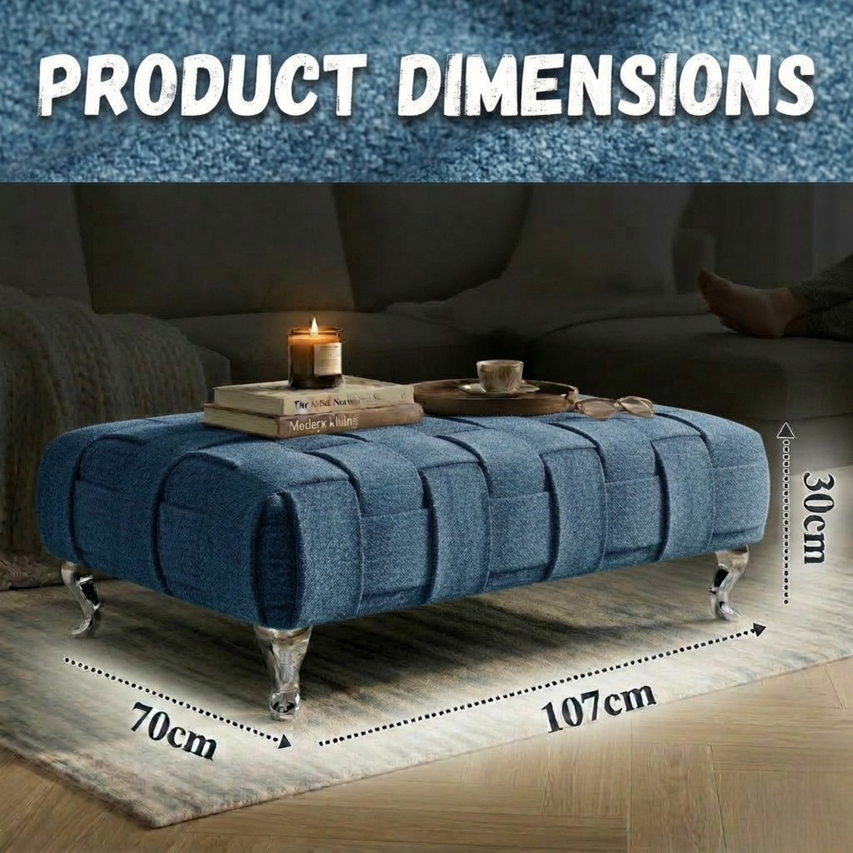 Braided Ottoman Footstool | Woven Dumfries Fabric Upholstered Footrest | Pouffe with Chrome Legs