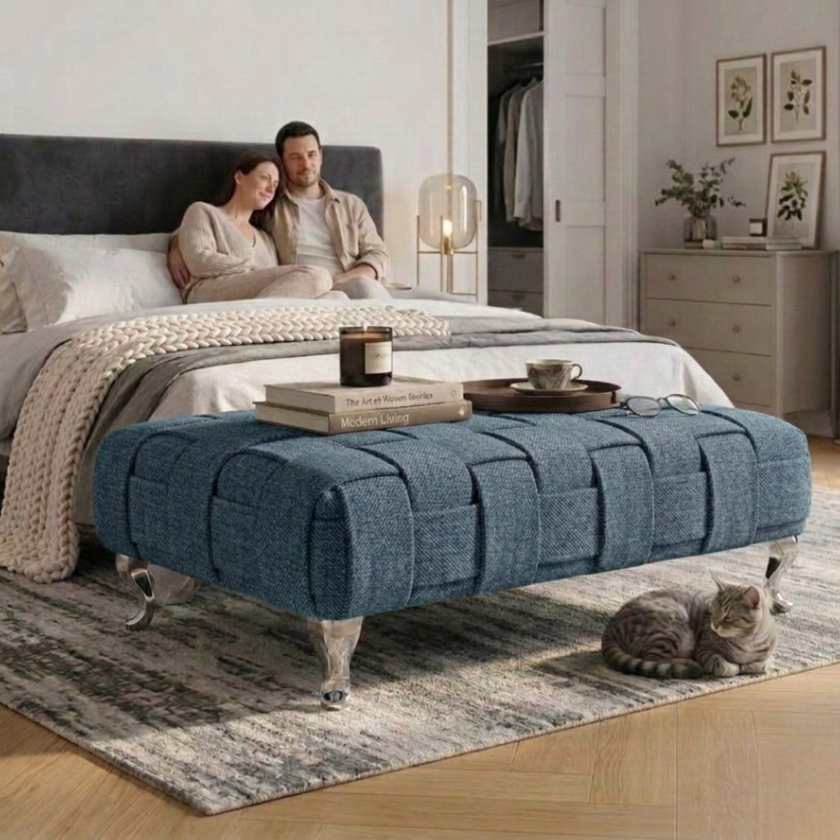 Braided Ottoman Footstool | Woven Dumfries Fabric Upholstered Footrest | Pouffe with Chrome Legs