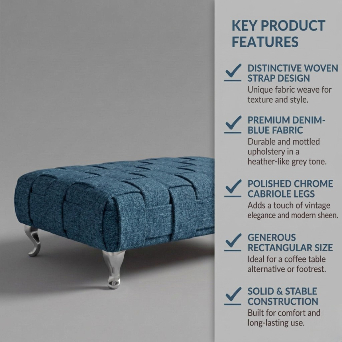 Braided Ottoman Footstool | Woven Dumfries Fabric Upholstered Footrest | Pouffe with Chrome Legs