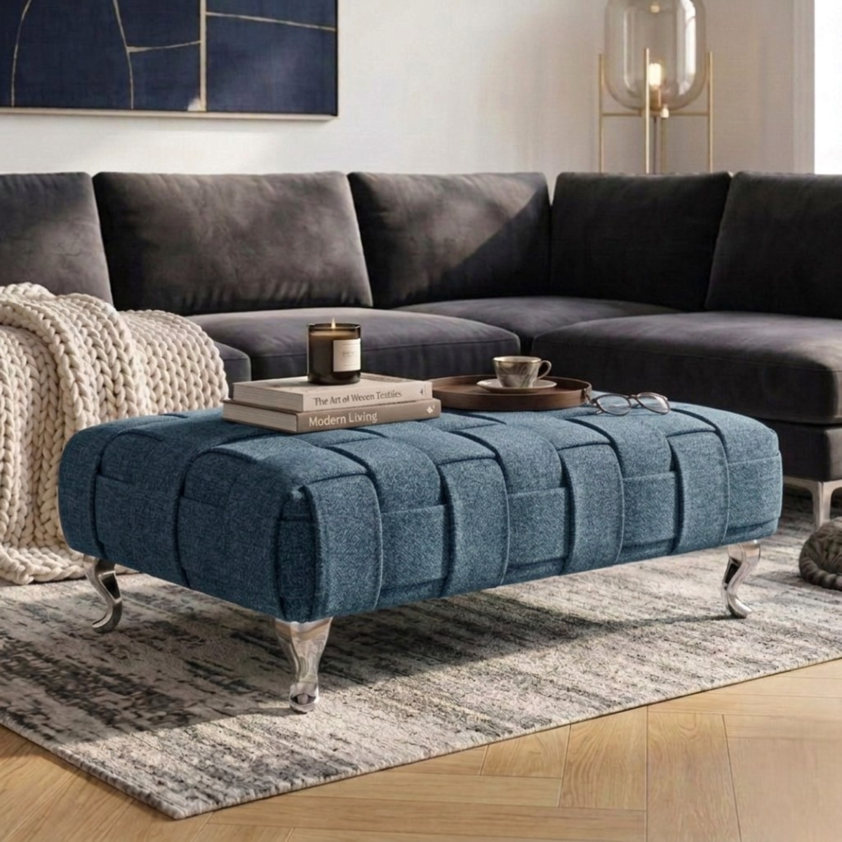 Braided Ottoman Footstool | Woven Dumfries Fabric Upholstered Footrest | Pouffe with Chrome Legs