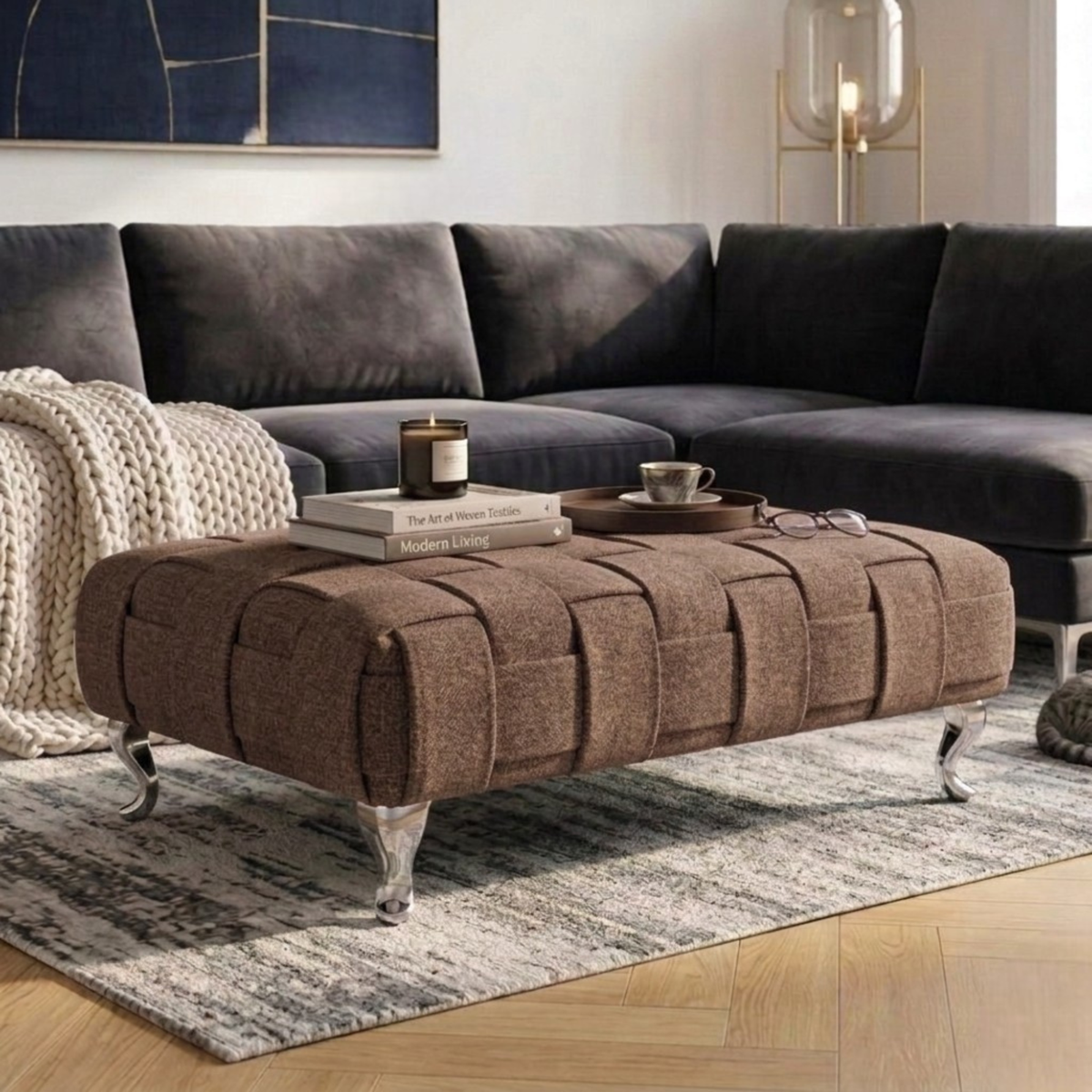 Braided Ottoman Footstool | Woven Dumfries Fabric Upholstered Footrest | Pouffe with Chrome Legs