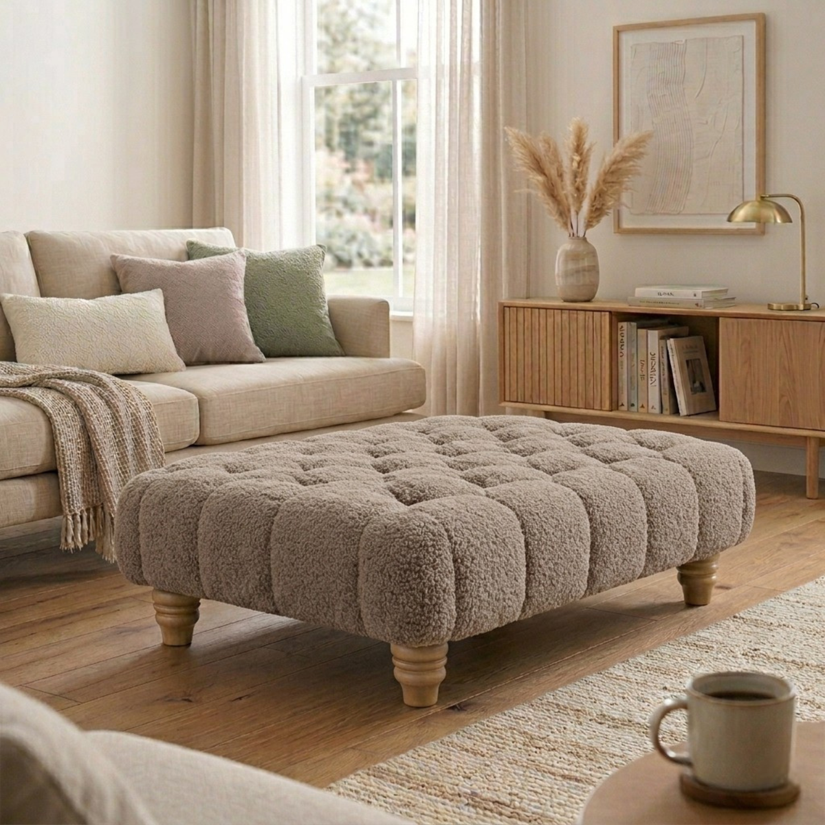 Chesterfield Foot Stool - Teddy Fabric Footstool Pouffe - Multifunctional Ottoman Rectangle Stool Boucle, Coffee Table for Living Room Bedroom Furniture