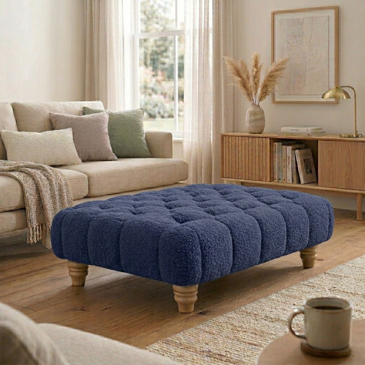 Chesterfield Foot Stool - Teddy Fabric Footstool Pouffe - Multifunctional Ottoman Rectangle Stool Boucle, Coffee Table for Living Room Bedroom Furniture