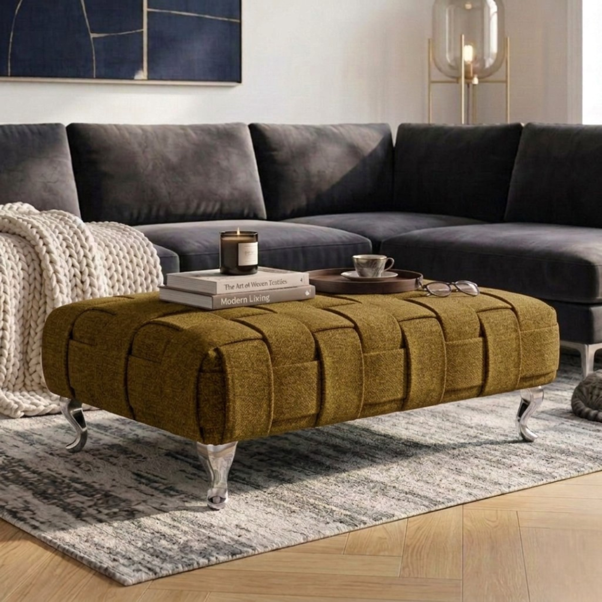 Braided Ottoman Footstool | Woven Dumfries Fabric Upholstered Footrest | Pouffe with Chrome Legs
