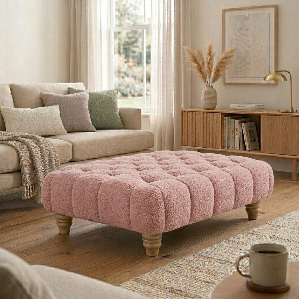 Chesterfield Foot Stool - Teddy Fabric Footstool Pouffe - Multifunctional Ottoman Rectangle Stool Boucle, Coffee Table for Living Room Bedroom Furniture