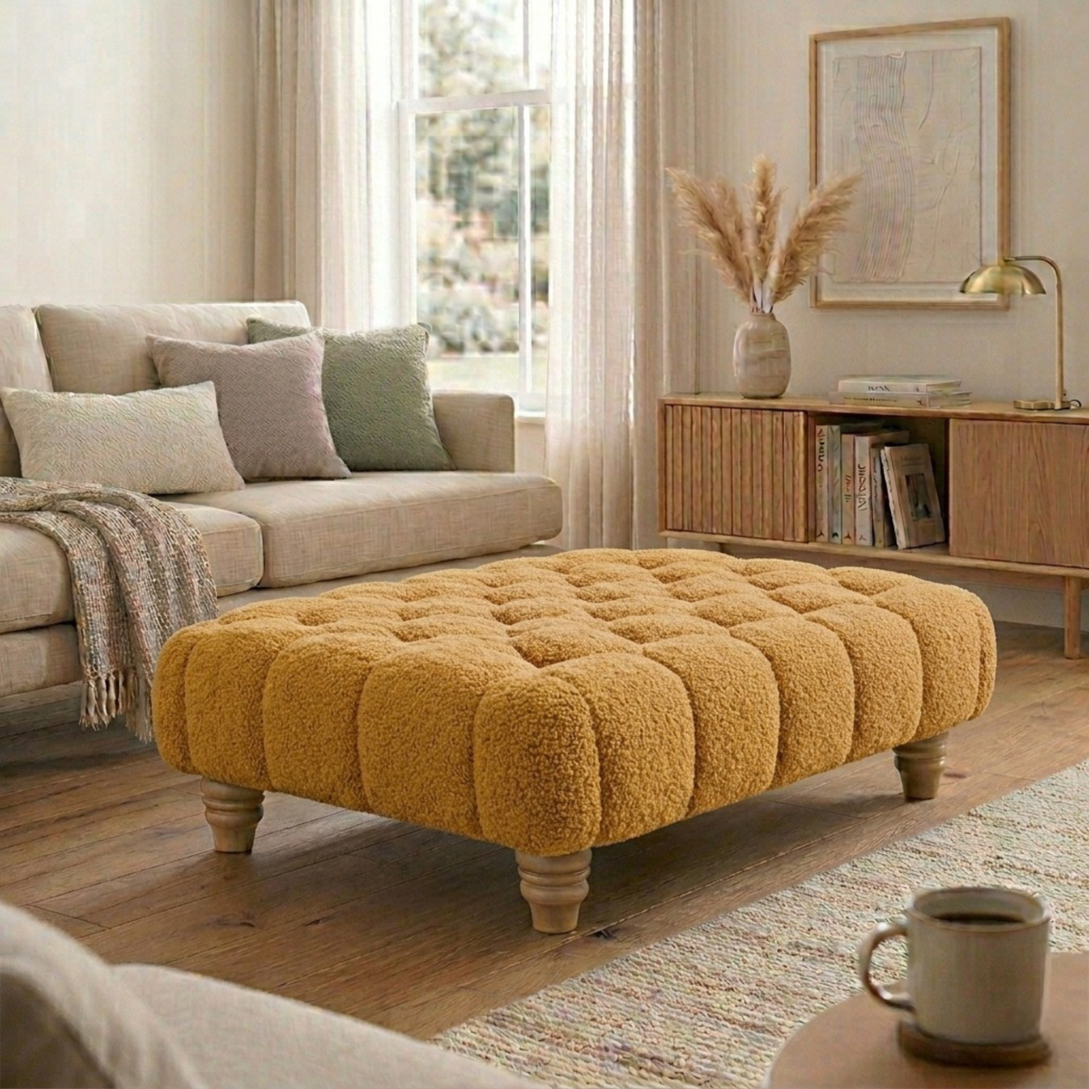 Chesterfield Foot Stool - Teddy Fabric Footstool Pouffe - Multifunctional Ottoman Rectangle Stool Boucle, Coffee Table for Living Room Bedroom Furniture