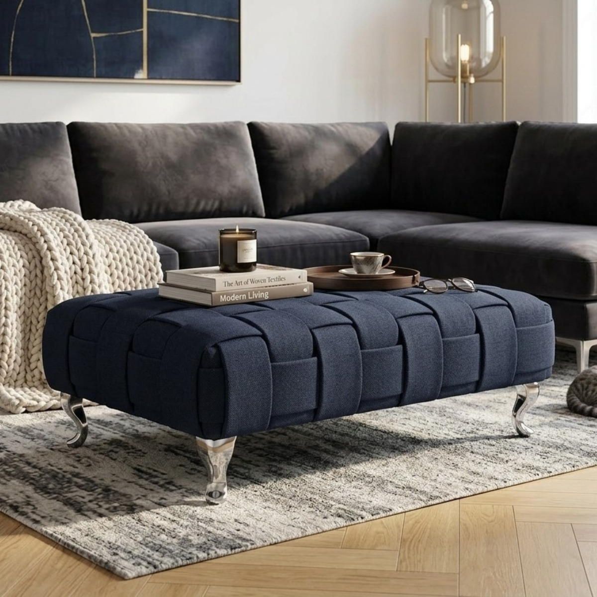 Braided Ottoman Footstool | Woven Dumfries Fabric Upholstered Footrest | Pouffe with Chrome Legs