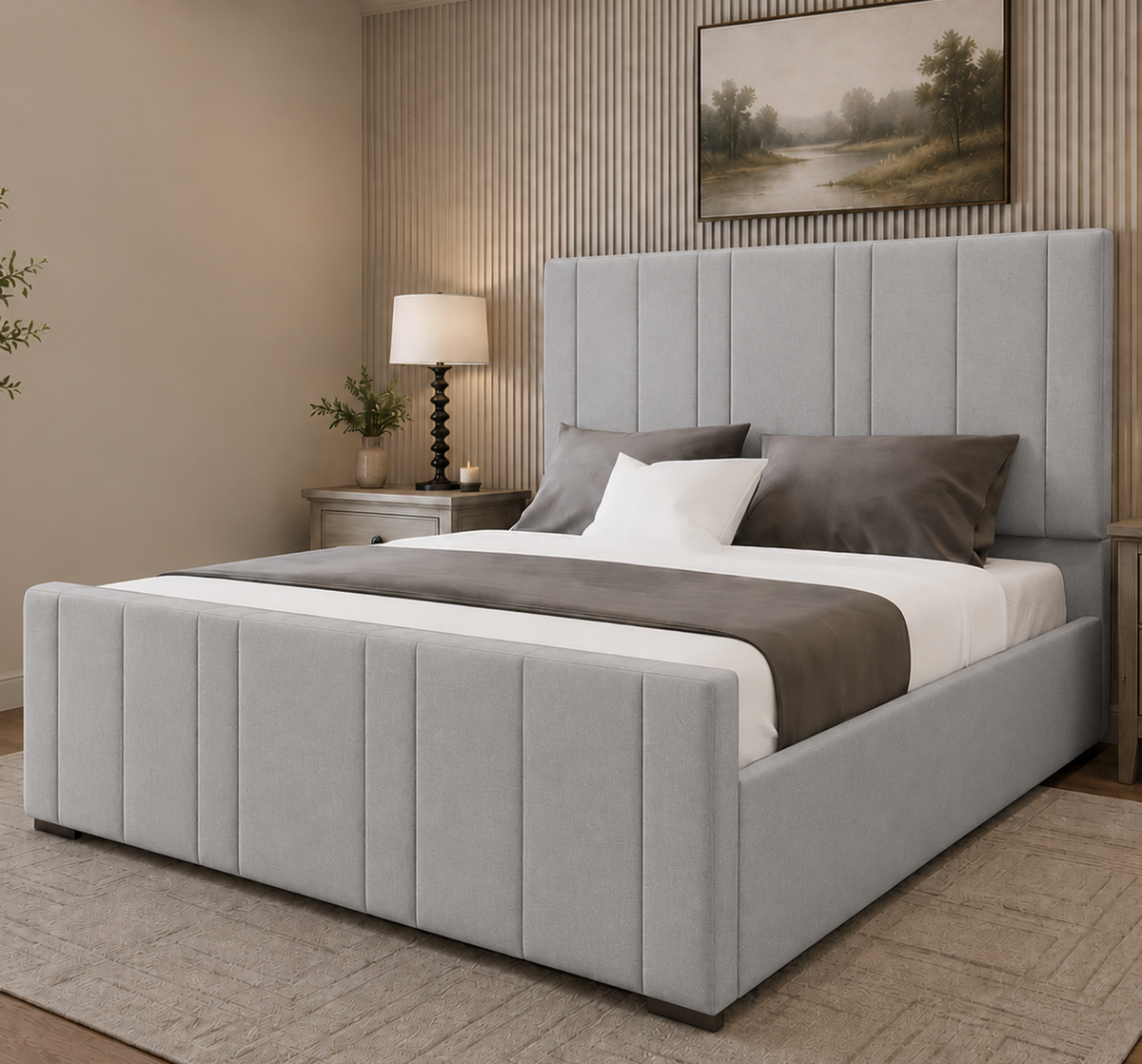 48" Panelled Headboard | Verona Plush Velvet Upholstered Ottoman Bed | Mattress Set