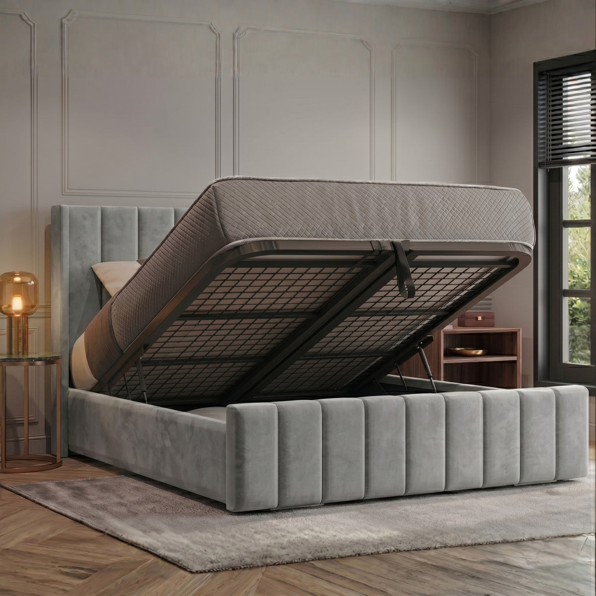 Vienna Plush Velvet Upholstered Ottoman Bed | 48" Winged Panelled Headboard | Lift-Up Storage Bed & Mattress