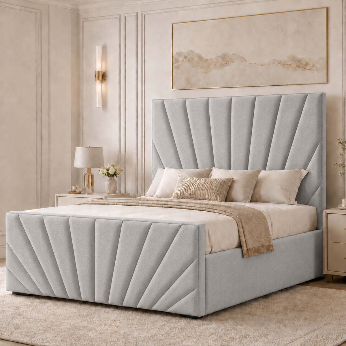 Sunrise Luxury Plush Velvet Ottoman Bed | 48" Panelled Headboard  | Bed & Mattress Set