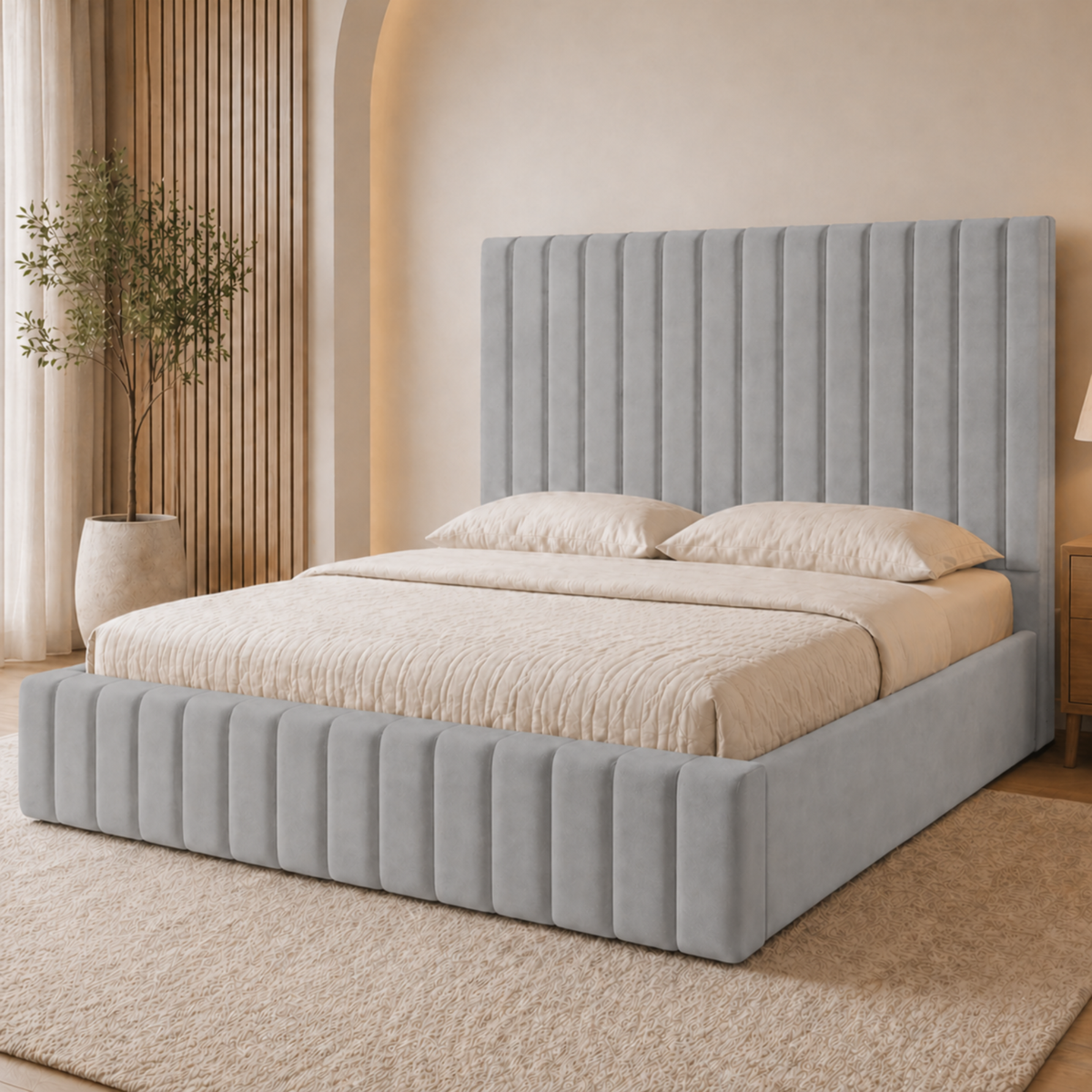 Astra Plush Velvet Upholstered Bed | Luxury 48" Panelled Headboard | Modern Bed Frame & Mattress