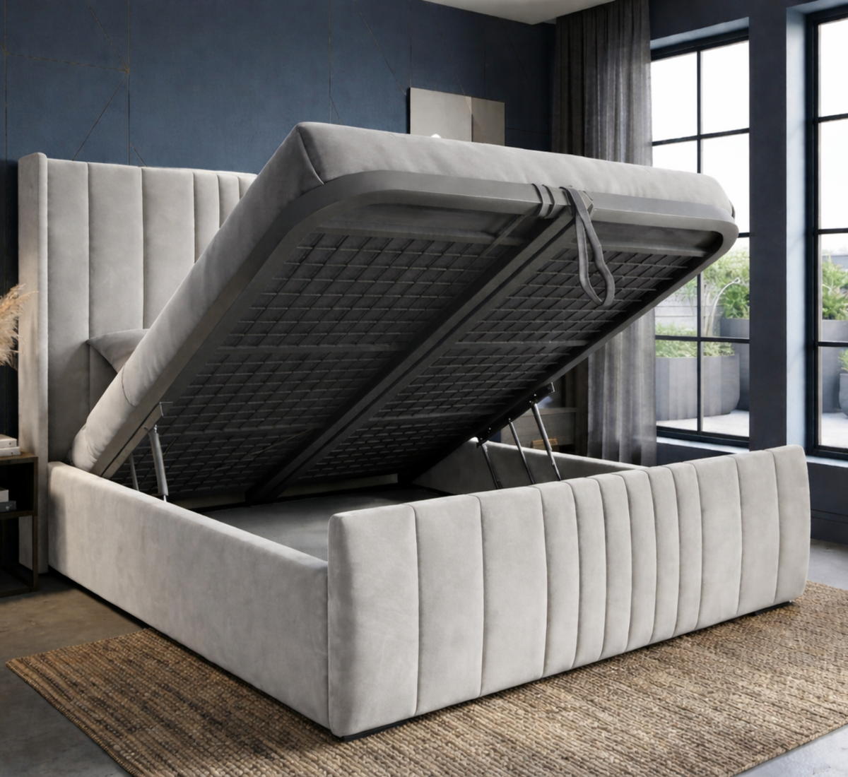 Manhattan Plush Velvet Upholstered Ottoman Bed | 48" Winged Panelled Headboard | Lift-Up Storage