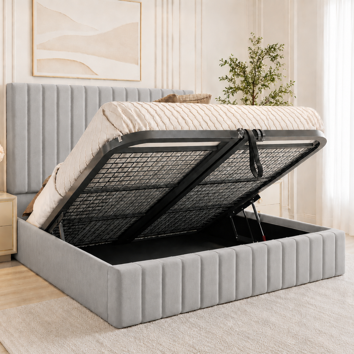 Ottoman Bed - Ottoman Bed with Gas Lift Up - Plush Velvet Upholstered Panelled Ottoman Bed with Storage, Luxury 48” Headboard Storage Beds