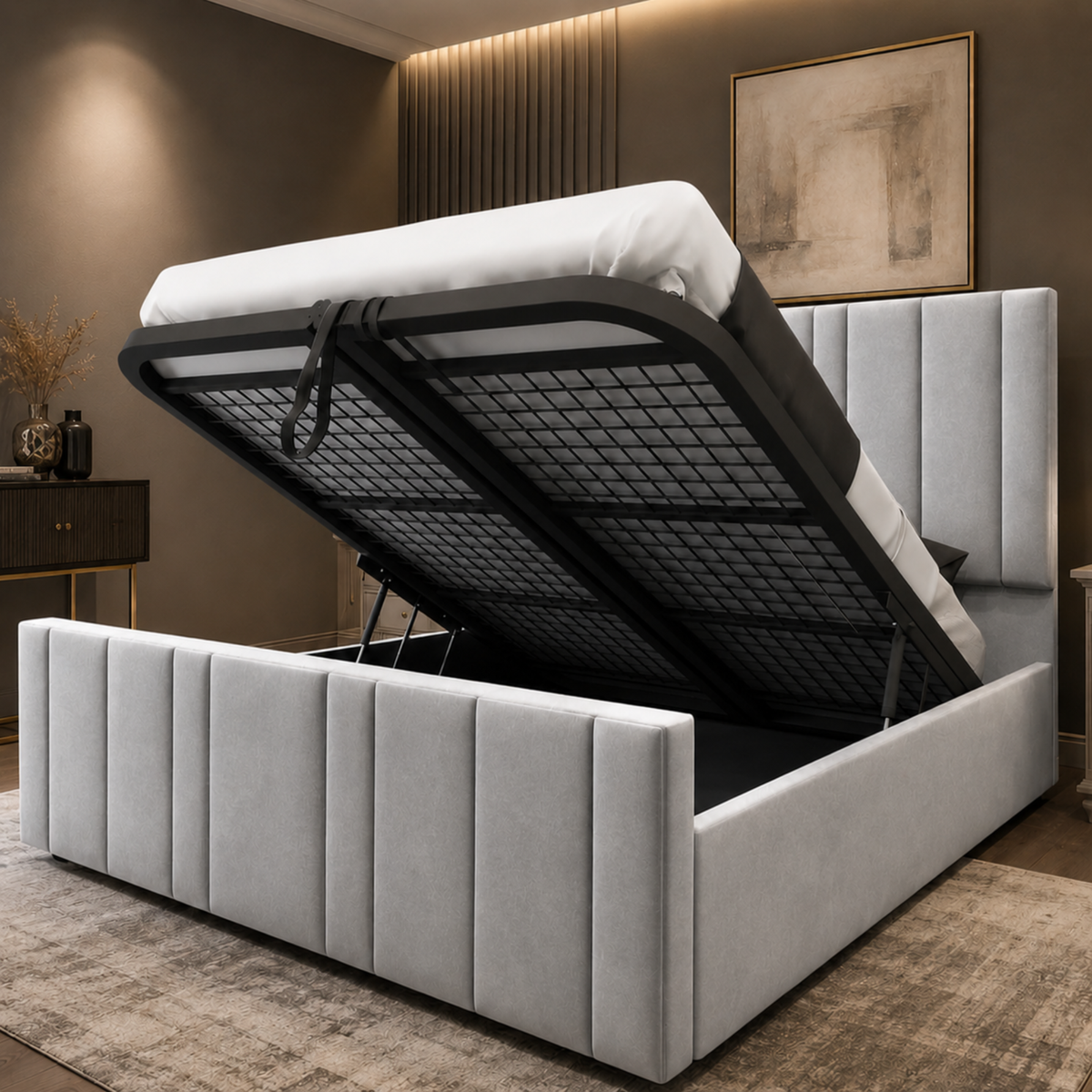 Ottoman Bed - Ottoman Bed with Gas Lift Up - Plush Velvet Upholstered Panelled Ottoman Bed with Storage, Luxury 48” Headboard Storage Bed