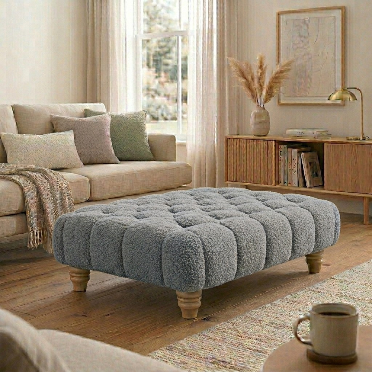 Chesterfield Foot Stool - Teddy Fabric Footstool Pouffe - Multifunctional Ottoman Rectangle Stool Boucle, Coffee Table for Living Room Bedroom Furniture
