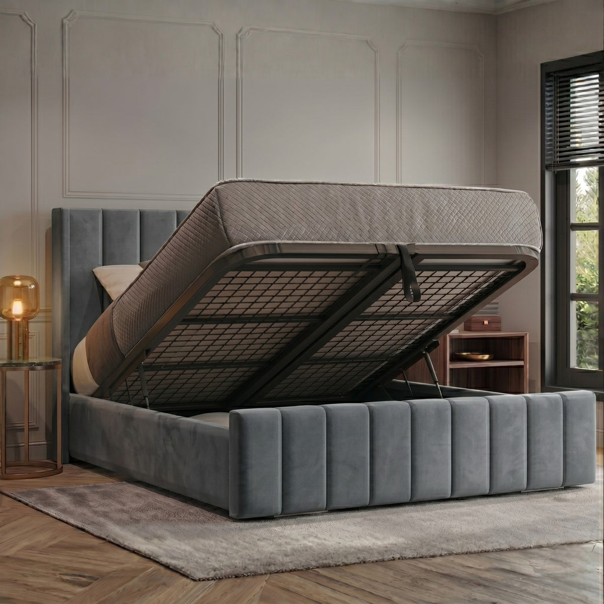 Vienna Plush Velvet Upholstered Ottoman Bed | 48" Winged Panelled Headboard | Lift-Up Storage Bed & Mattress